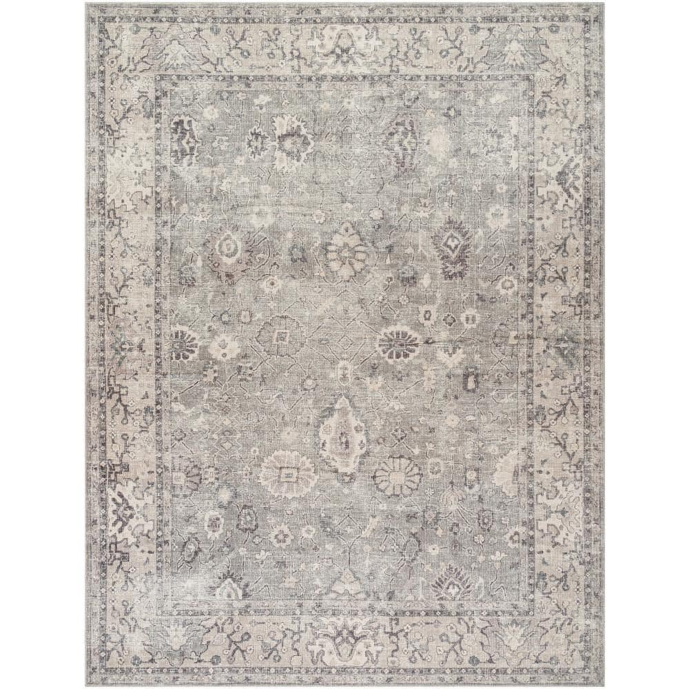 Davina Vintage-Inspired Floral Gray Polyester Area Rug, 9'2" x 12'