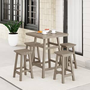 Laguna 5-PC Fade Resistant HDPE Plastic Outdoor Patio Square Counter Height Bistro Set, Barstools in Weathered Wood
