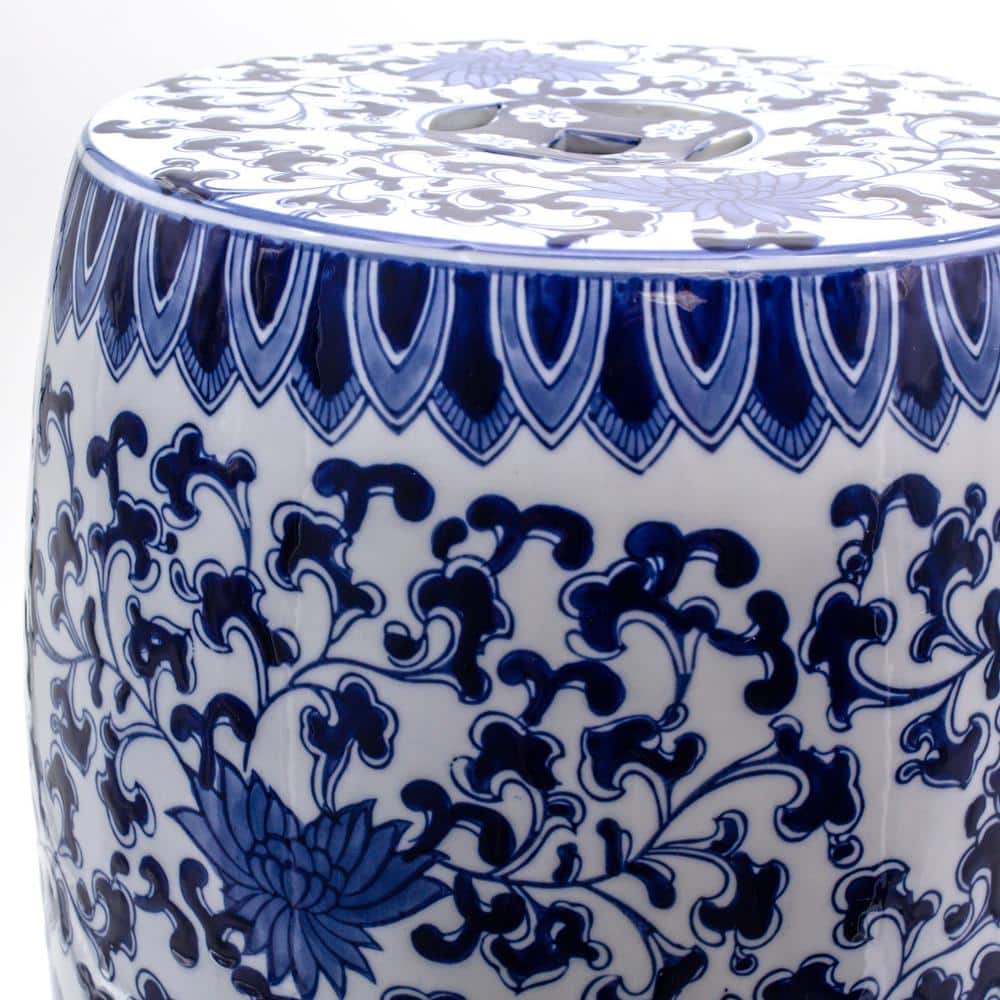 Blue and White Lotus Ceramic 16" Drum Stool