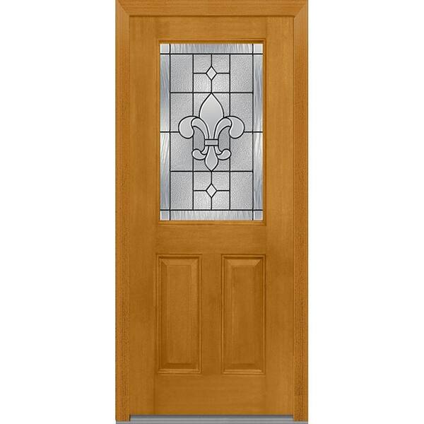 MMI Door 32 in. x 80 in. Carrollton Right-Hand Inswing 1/2-Lite Decorative 2-Panel Stained Fiberglass Mahogany Prehung Front Door