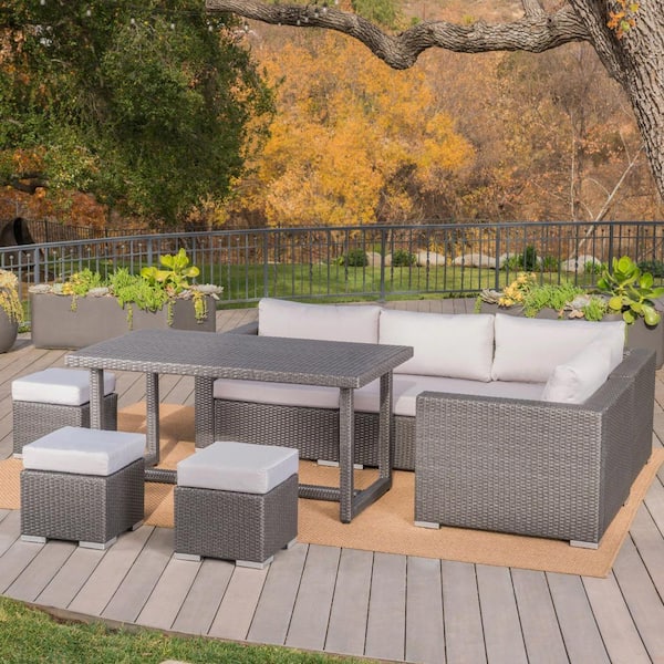 Noble House Santa Rosa Grey 7-Piece Faux Rattan Outdoor Dining Set with Silver Cushions