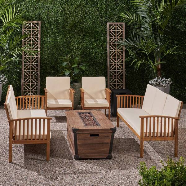 Noble House Carolina Teak Brown 6-Piece Wood Patio Fire Pit Seating Set with Cream Cushions