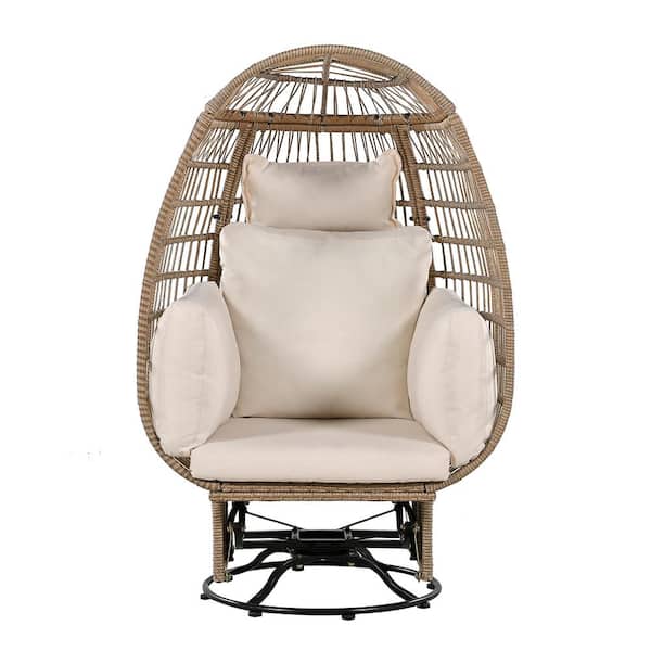 Angel Sar Natural Swivel Wicker Outdoor Lounge Chair, Rattan Egg Patio Chair with Rocking Function with Cream Cushions
