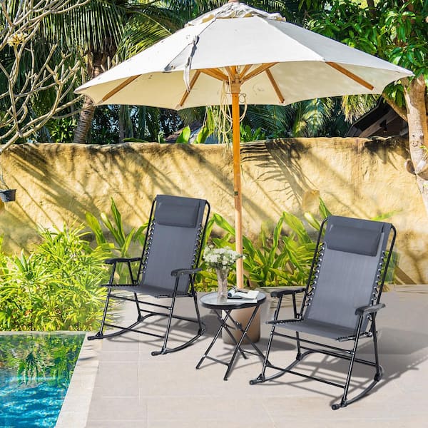 Unbranded Grey 3-Piece Metal Outdoor Bistro Set, Patio Rocking Folding Chair Table Set with Pillows for Yard, Deck, Backyard