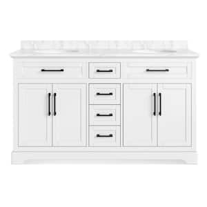 Wellington 60 in. W x 21.5 in. D x 35 in. H Double Sink Freestanding Bath Vanity in White with White Carrara Marble Top