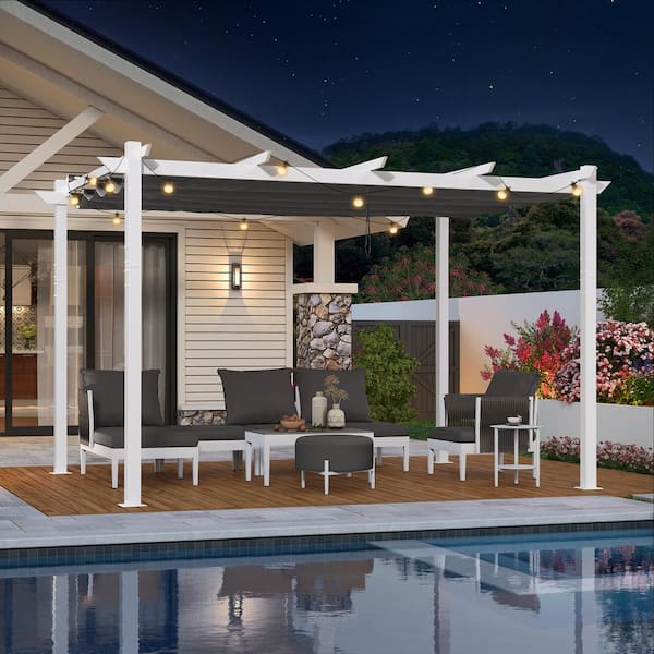 PURPLE LEAF 10 ft. x 13 ft. White Aluminum Frame Pergola with Gray Retractable Sun Shade Canopy Extra Roof and String Lights