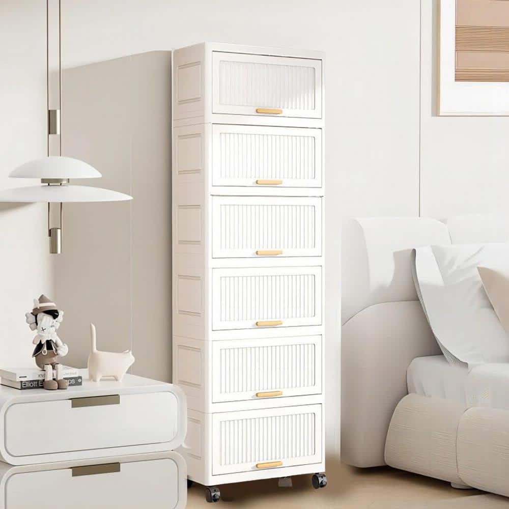 56 in. White Plastic Movable Storage Cabinet 6-Tier Flip Open Storage Box w