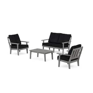Oxford 4-Pcs Plastic Patio Conversation Set with Loveseat in Slate Grey/Midnight Linen Cushions