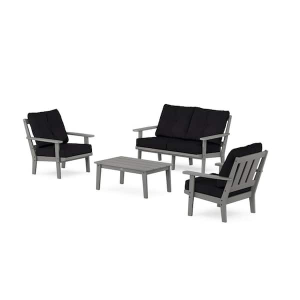 POLYWOOD Oxford 4-Pcs Plastic Patio Conversation Set with Loveseat in Slate Grey/Midnight Linen Cushions