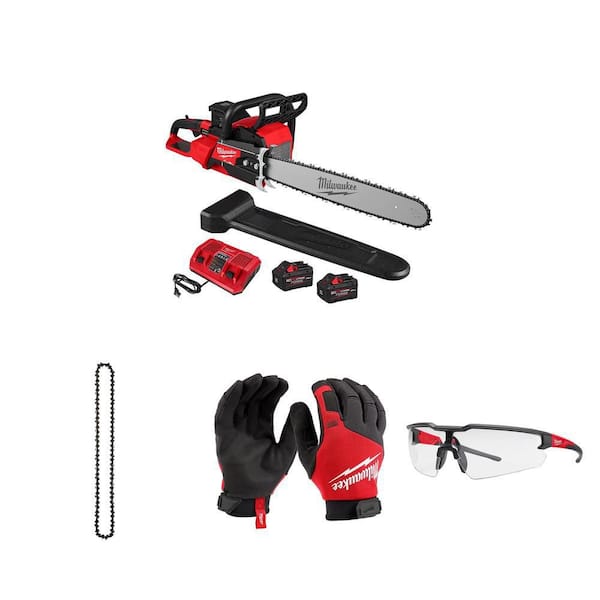 M18 FUEL 18V 20 in. Chainsaw Kit, (2) 8.0 Ah Batteries, 20 in. Chain, Work Gloves, and Safety Glasses Combo