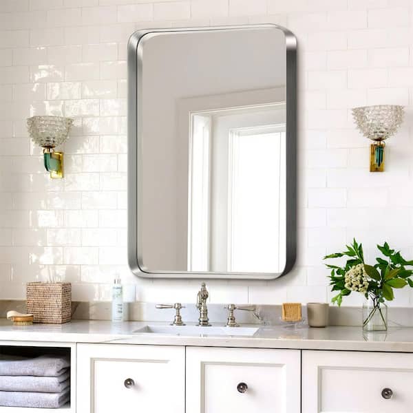 22 in. W x 32 in. H Aluminium Alloy Deep Modern Rectangle Framed Decorative Mirror with Rounded Corner in Silver