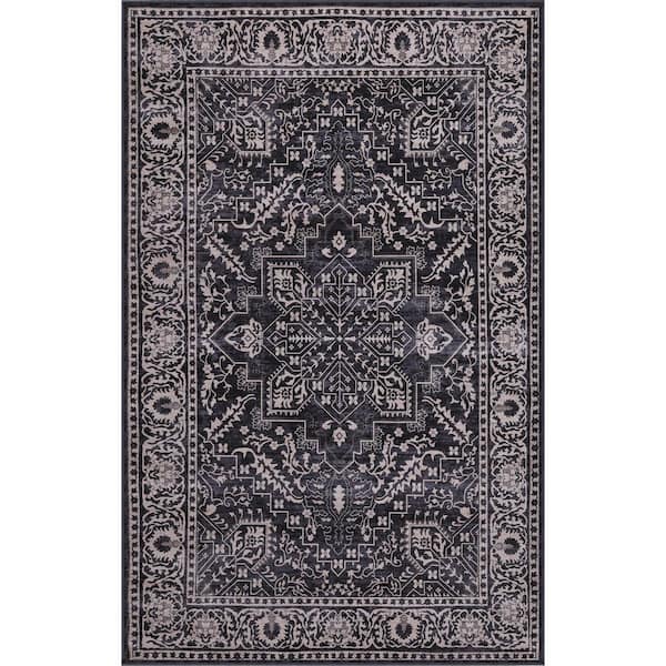 Eleanor Vintage Medallion Border Machine-Washable Dark Gray/Multi 4 ft. x 6 ft. Area Rug