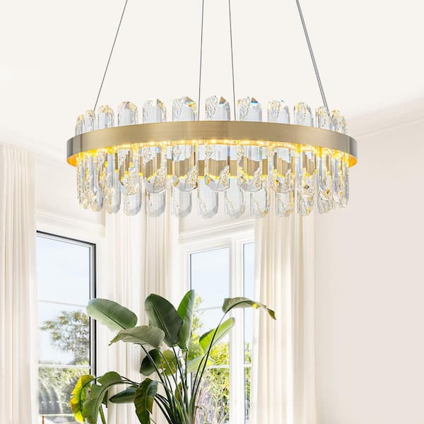 19.57 in. Modern Gold Crystal Integrated LED Chandelier Island Drum Pendant Light for Dining Room