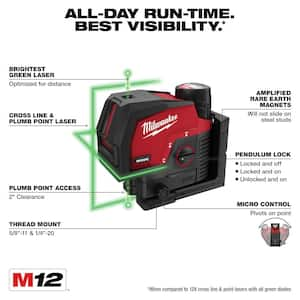 M12 12-Volt Lithium-Ion Cordless Green 125 ft. Cross Line and Plumb Points Laser Level Kit with 3.0 Ah Battery