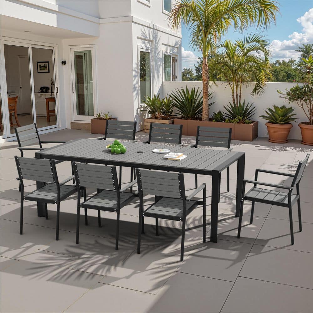 9PCS WPC Board Outdoor Patio Dining Set All Weather Stackable Armchair Adjustable Umbrella Hole Table in Gray For Deck price history on PriceWatchPro