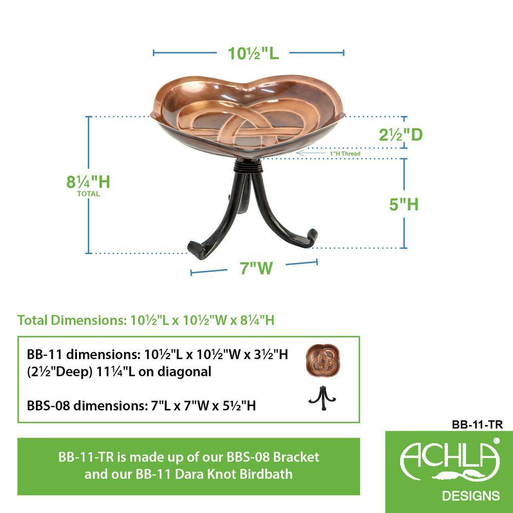Celtic Dara Knot Copper Birdbath with Black Metal Tripod Stand