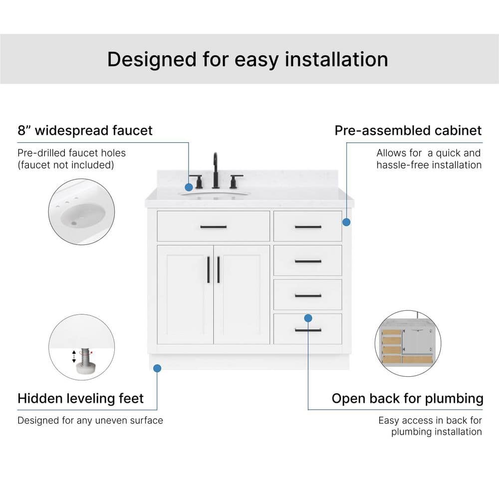 Sidmouth 42'' Solid Wood Single Bathroom Vanity with 1.5'' Carrara Quartz Top, Left Offset Oval Sink
