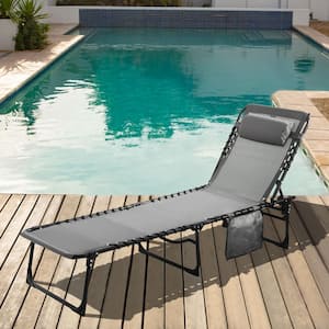 Outdoor Folding Chaise Lounge Chair Fully Flat for Beach with Pillow and Side Pocket, Dark Grey