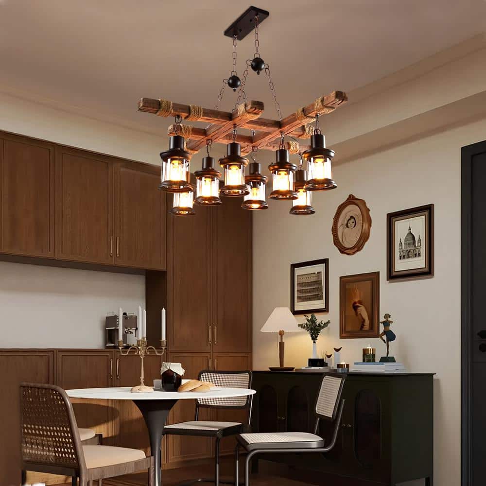Rustic Brown Metal and Wood 8-Light Lantern Chandelier