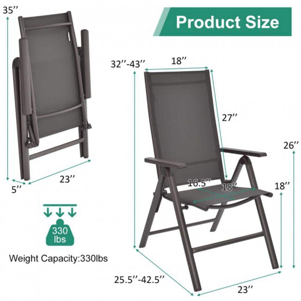 Gray Aluminum Folding Dining Chairs with Adjustable Reclining Backrest, Set of 2