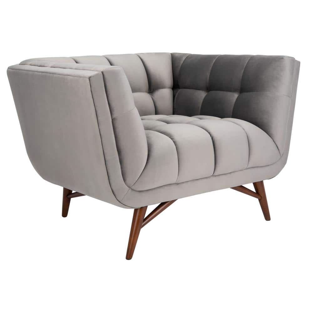 Contemporary Gray Velvet Wood Accent Chair with Tufted Design