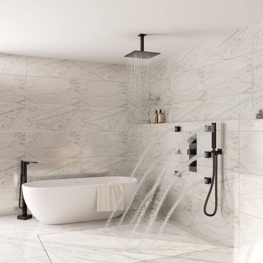 Large Matte Black Dual Square Ceiling Mounted Rainfall Shower System