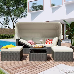 Gray 4-Piece Wicker Outdoor Sectional Set with Beige Cushions