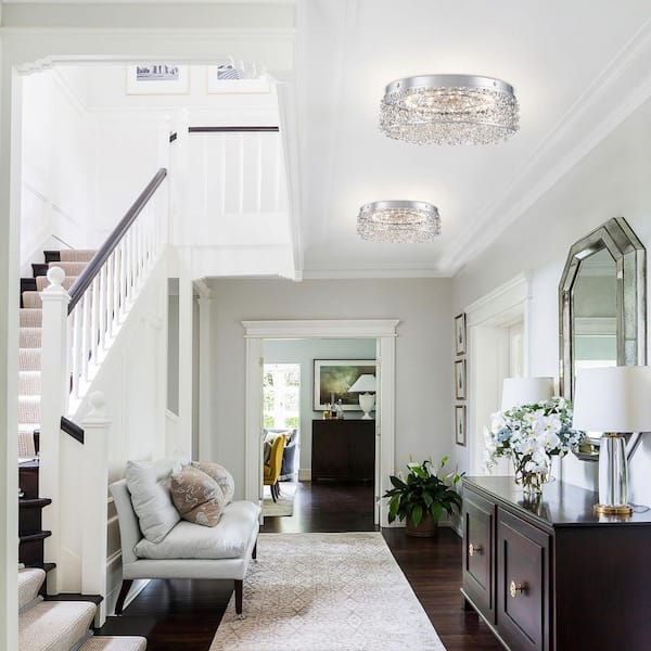 MENCOLULU 14.17 in. 20-Watt Modern Small Chrome Drum Integrated LED Flush Mount Ceiling Light with Beaded Crystal Shade