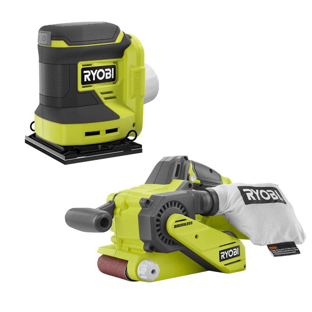 RYOBI ONE 18V Cordless 2 Tool Combo Kit with 1 4 Sheet Sander and Brushless 3 in. x 18 in. Belt Sander Tools Only PCL401B P450 The Home Depot