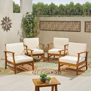 Giancarlo Stationary Wood Outdoor Patio Lounge Chair with Cream Cushions (4-Pack)
