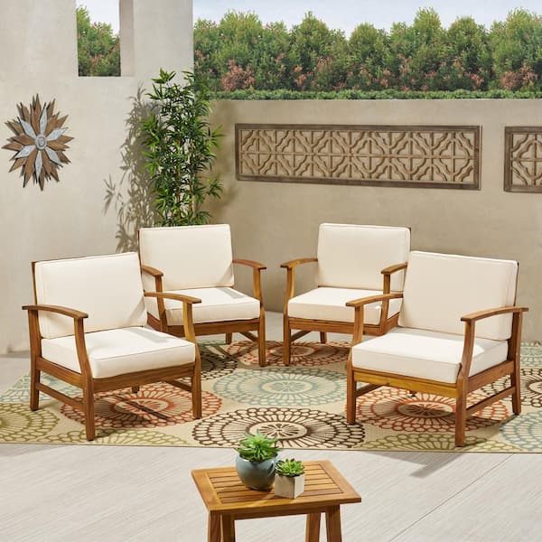 Noble House Giancarlo Stationary Wood Outdoor Patio Lounge Chair with Cream Cushions (4-Pack)