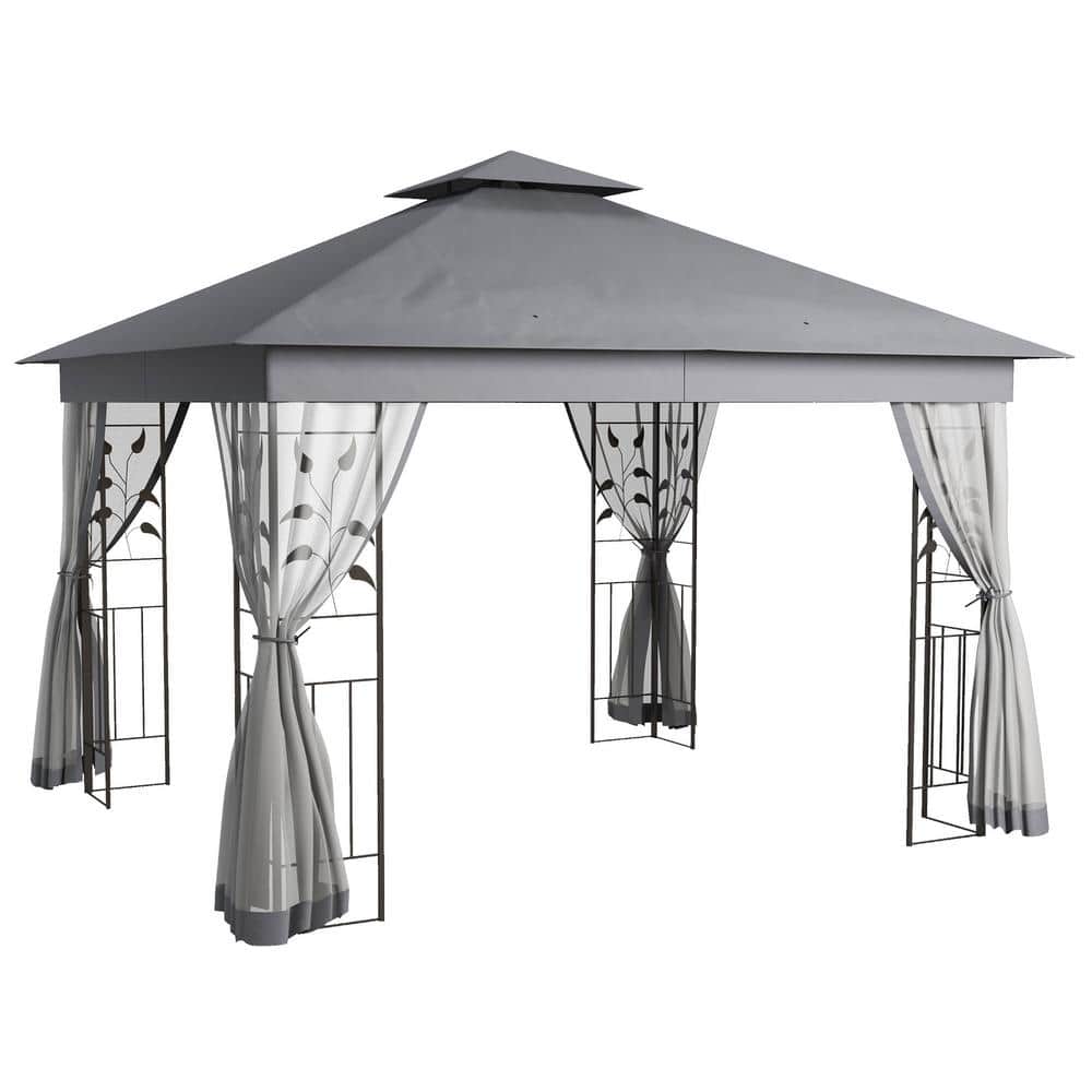 10 ft. x 11.5 ft. Gray Metal Patio Double Roof Gazebo Canopy with Netting f