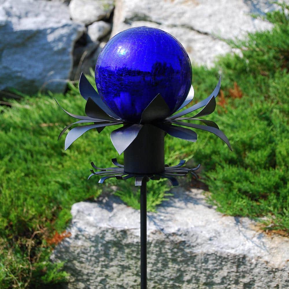 Tall Black Matte Metal Gazing Globe Stand with Petal Design