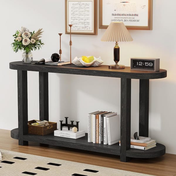 Harper & Bright Designs 63 in. Black Oval Wood Console Table with Bottom Shelf