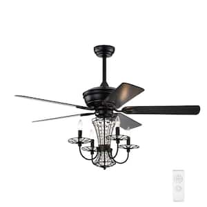 52 in. Indoor Matte Black Modern Crystal Ceiling Fan with Remote Control and 5-Dual Finish Reversible Blades, No Bulbs