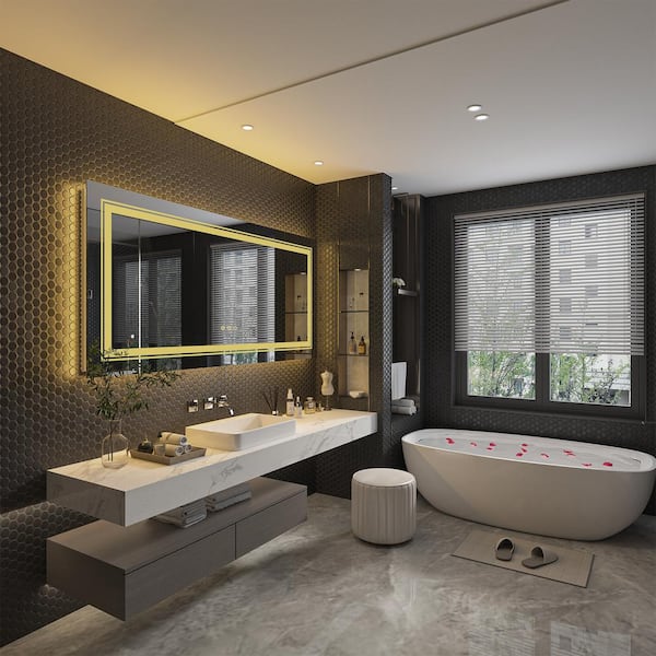 Wisfor 64 in. W x 32 in. H Large Rectangular Frameless Antifog Dimmable 3 Color Backlit Front Light Wall Bathroom Vanity Mirror