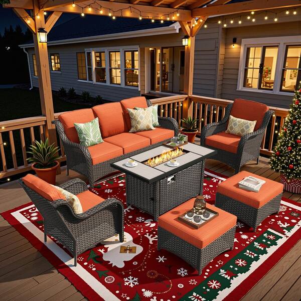 Clario 6-Piece Wicker Patio Furniture Conversation Seating Set with Fire Pit, Orange Red Cushions for All-Weather
