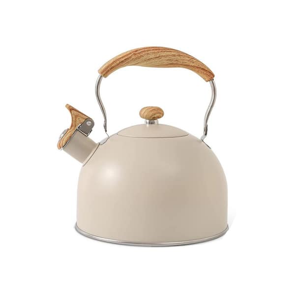 10-Cup Creamy White Whistling Tea Kettle Food Grade Stainless Steel All Stove Top Compatible with Folding Handle and Pad