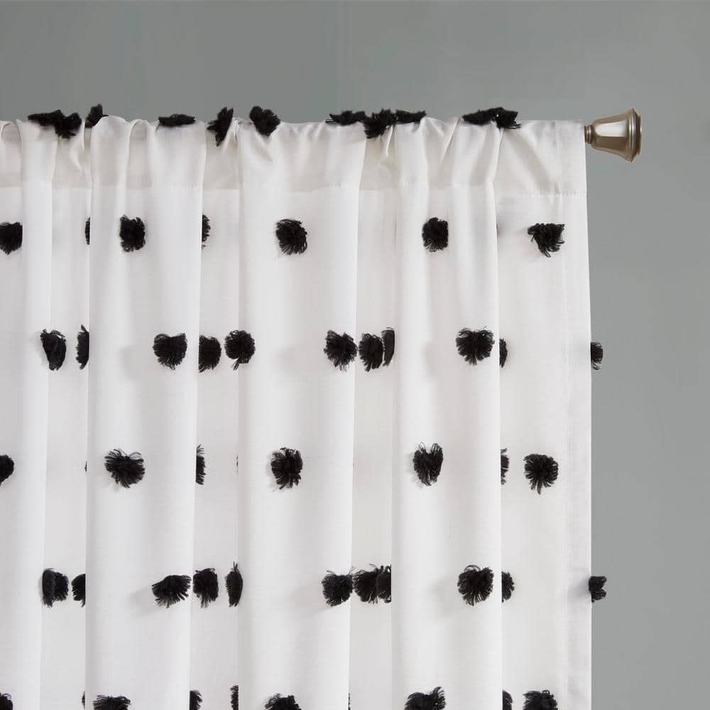 Black and White Faux Silk Pom Pom Sheer Curtain Panel