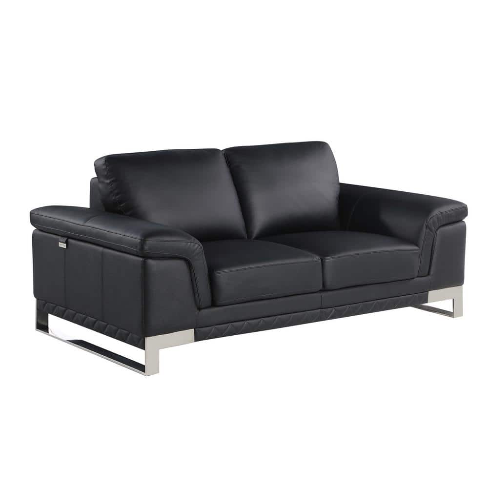 Stylish Black Leather Recliner Loveseat with Pillow-top Arms