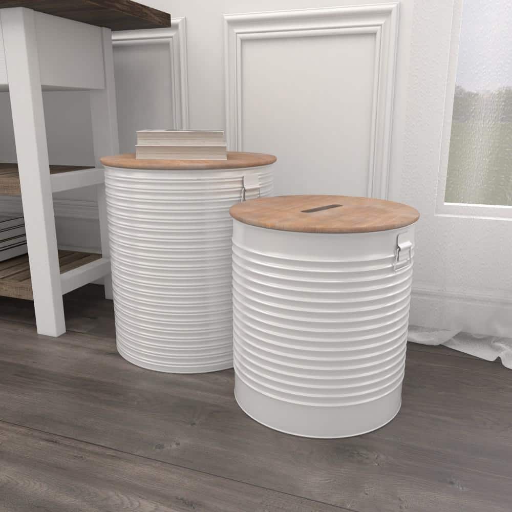 White Metal Cylinder Storage Stools with Brown Wood Tops, Set of 2