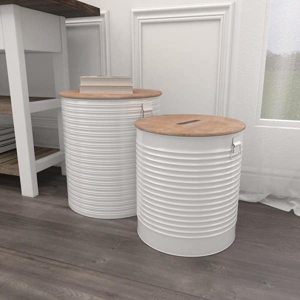 Litton Lane White Storage Stool with Brown Wood Top (Set of 2)