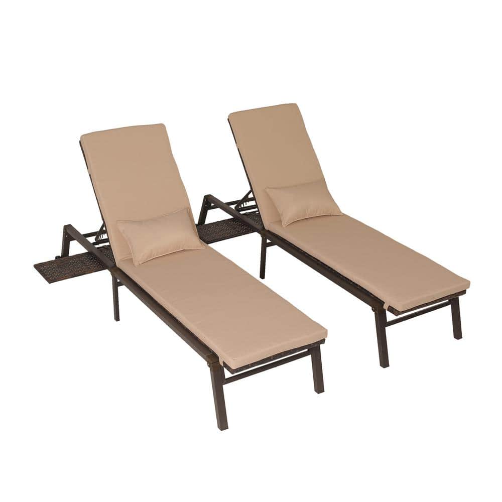 Khaki PE Wicker Outdoor Chaise Lounge Chair Set of 2 with Wheels, 5-Positio