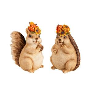 Squirrel and Hedgehog Woodland Creatures with Floral Crown Statuary(Set of 2)