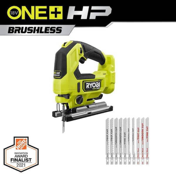 RYOBI ONE+ HP 18V Brushless Cordless Jig Saw (Tool Only) with All Purpose Jig Saw Blade Set (10-Piece)