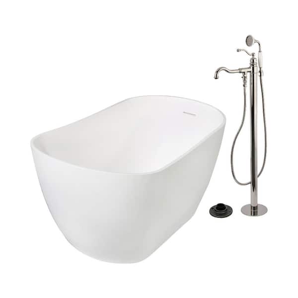 Arcticstone 51.6 in. x 28.4 in. Surface White Stone Flatbottom Soaking Freestanding Bathtub in White/Polished Nickel