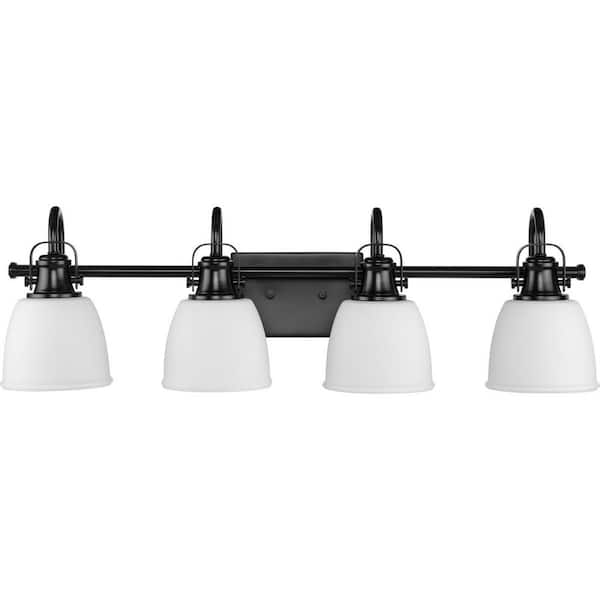 Progress Lighting Preston 30.5 in. 4-Light Matte Black Vanity Light with Etched Opal Glass Shades