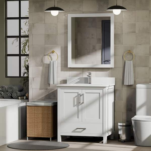Jacques 30 in. W x 22 in. D White Bath Vanity, Cultured Marble Top, Faucet Set, and 28 in. Mirror