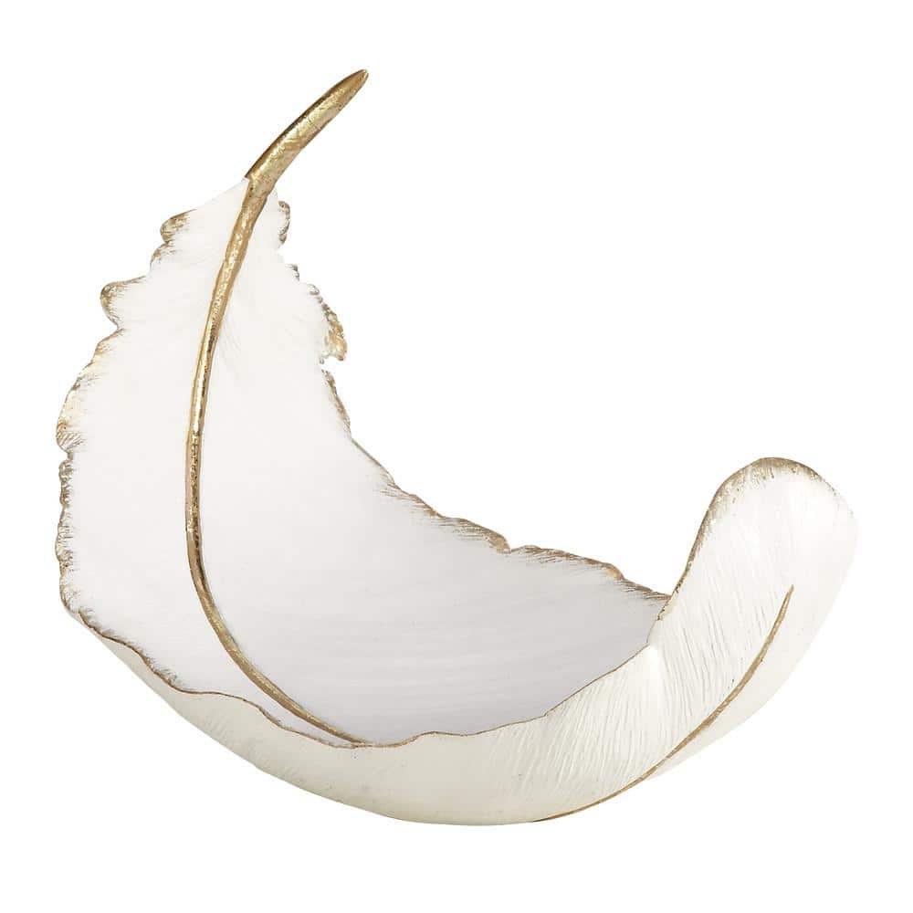 Elegant Oval White and Gold Polystone Feather Decorative Bowl
