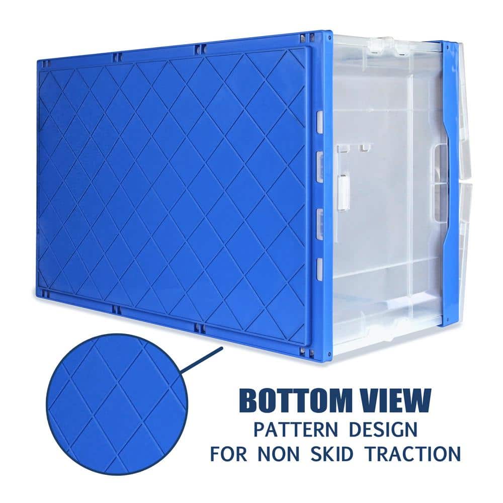 Clear and Blue Collapsible Plastic Storage Crate with Lid, 65L Capacity